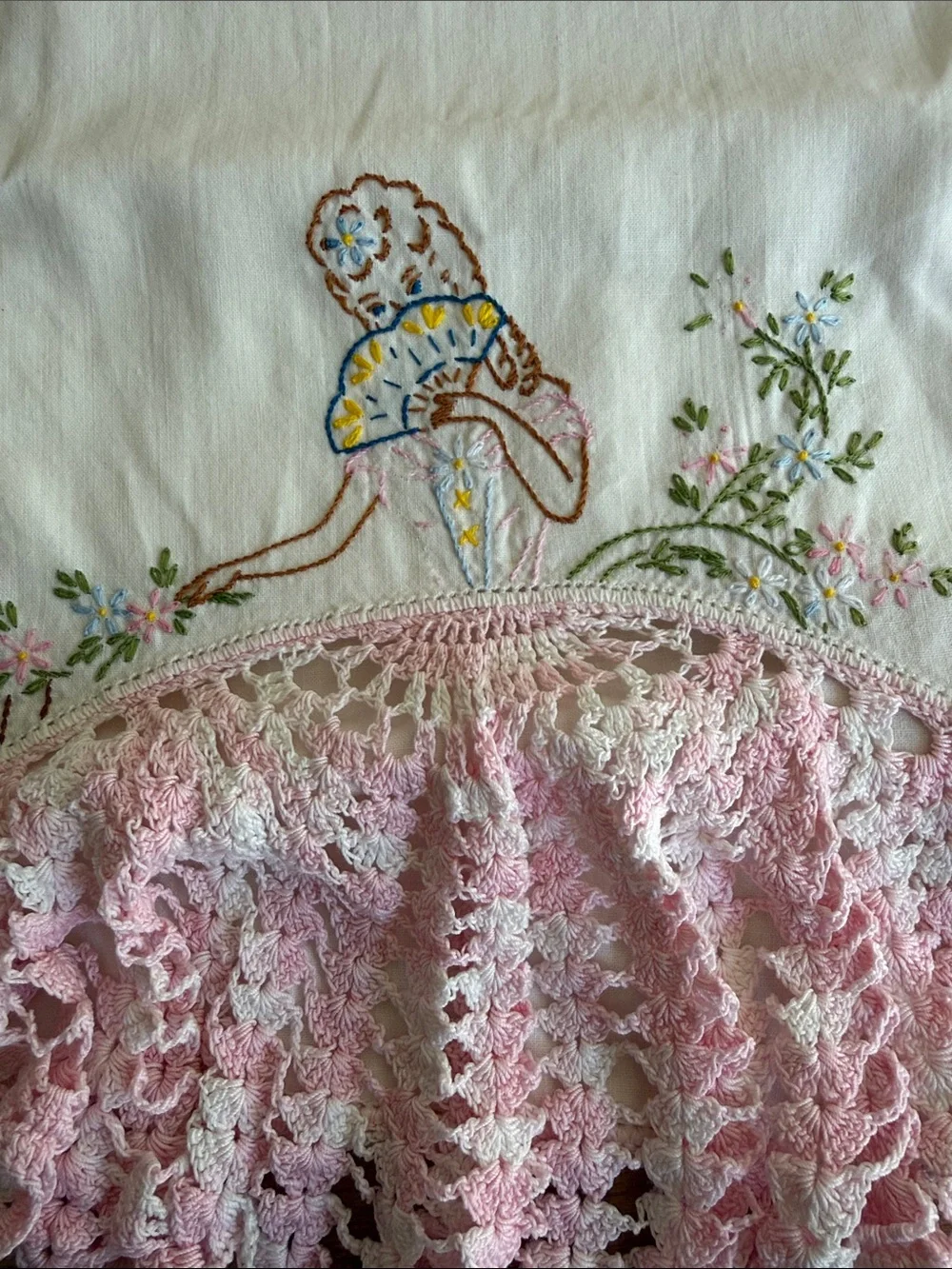 Vintage Southern Belle Embroidered Pillowcase Crochet Lace Skirt Cottagecore